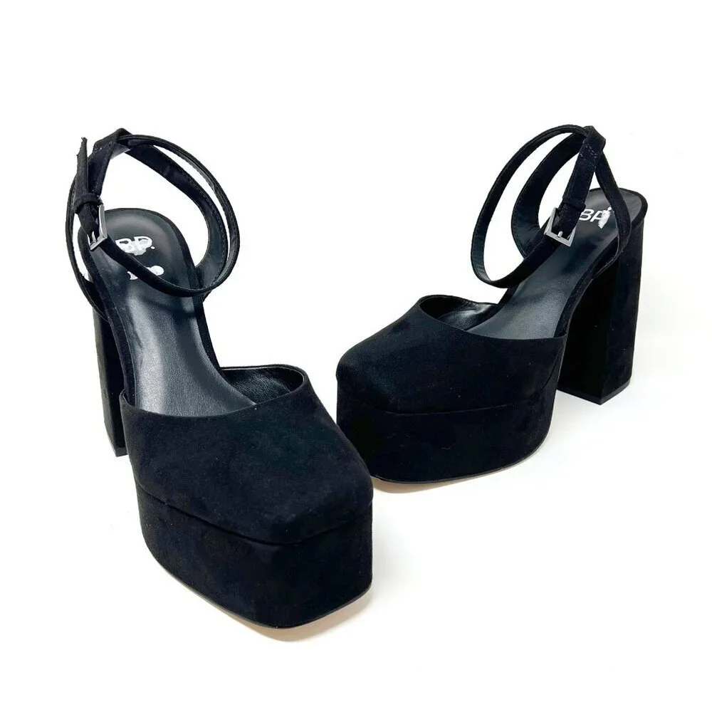 NEW BP Danni Platform Pumps Women's 8.5 Black Square Toe Chunky Heel Ankle Strap